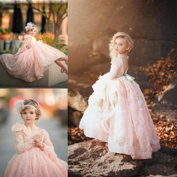 Couture Elegantes errötendes rosafarbenes Blumenmädchenkleid mit schönen langen Ärmeln und Reißverschluss, rückenfrei, Geburtstagskleid für kleine Mädchen, hübsches Kommunionkleid für Mädchen