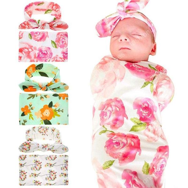 

3colors new borns baby flower swaddling clothes 2pc set rabbit ears bow headband+swaddle cloth daisy rose floral printing receiving blanket