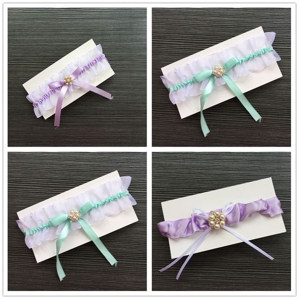 

new green purple satin elastic keepsake & toss garters wedding bridal hen gift legs rings white organza set pearl ribbon bow