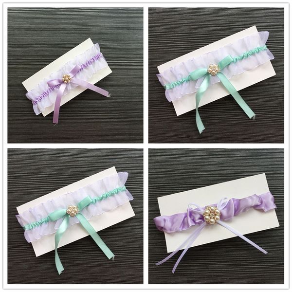 Novo Verde Roxo Cetim Elástico Maciaske Toss Sharps casamento Nupcial Hen Presente Pernas Anéis Branco Organza Set Pearl Ribbon Bow