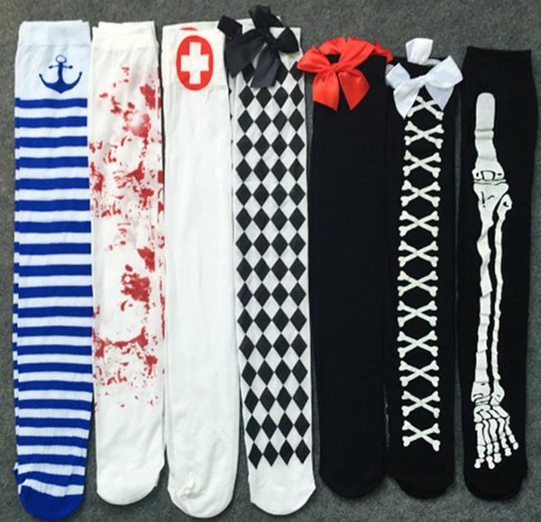 Spaventoso sangue macchiato di zombie calze collant cosplay infermiera vestito operato scheletro di sangue macchia calze coscia calze lunghe bianco forniture festive