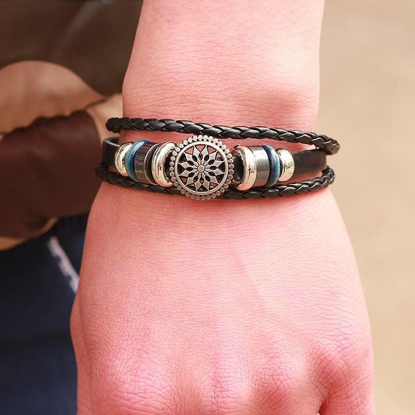 

korean version of the fashion retro british british wind multi-layer hand-woven hand rope hand with men and women casual leather bracelet, Golden;silver
