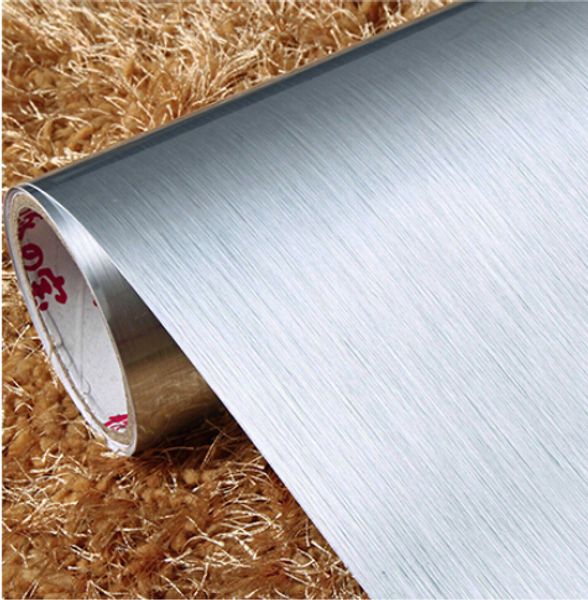 

wholesale-pvc self adhesive wallpaper silver brushed stainless steel household appliance stickers vinyl furniture film for home decoration