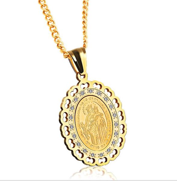 

blessed virgin mary pendant necklace with rhinestone stainless steel oval hollow carved women men amulet trendy religious jewelry, Silver