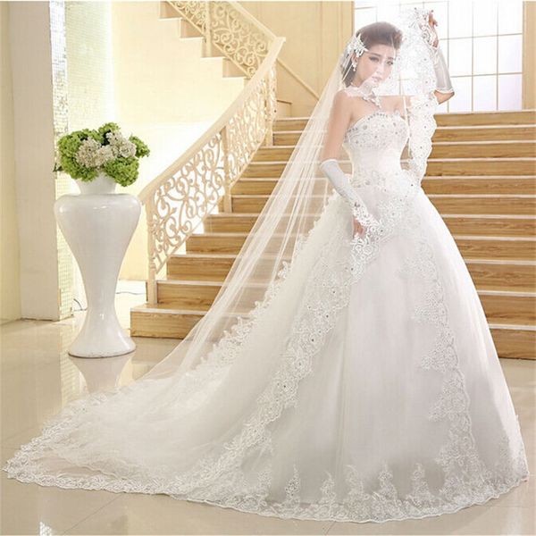 

2017 new elegant wedding dresses with long train appliques white/ivory romantic princess ball gown formal dress bridal gown
