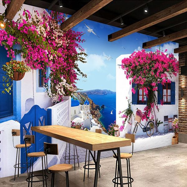 

3d mediterranean window ro e ro e background wall blue ky white cloud bike town land cape wedding wallpaper mural