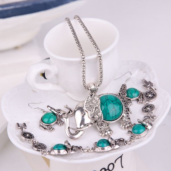 

new beautiful and cute national wind elephant turquoise jewelry three-piece set necklace earrings and hand catenary ,hipping, Black