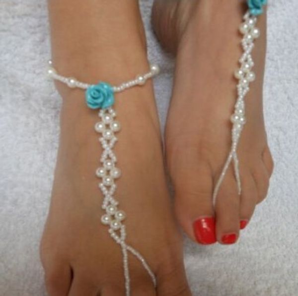 

fashion elastic faux pearl rose anklets barefoot sandals foot chains ankle bracelets for girls/ladies, Red;blue