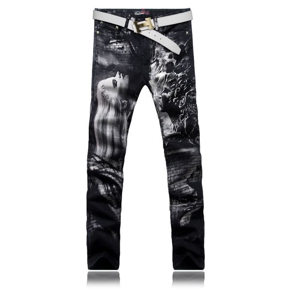 

wholesale-[alpaca] men brand street wear printed stretch slim jeans painting printed black jeans men plus size 38, Blue