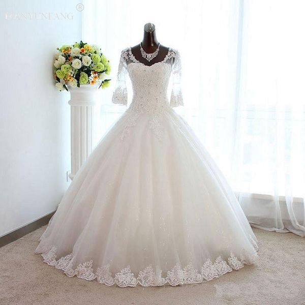 

2020 full lace wedding dresses country style scoop neck long sleeves lace up back ball gown vintage custom made bridal gowns vestios, White
