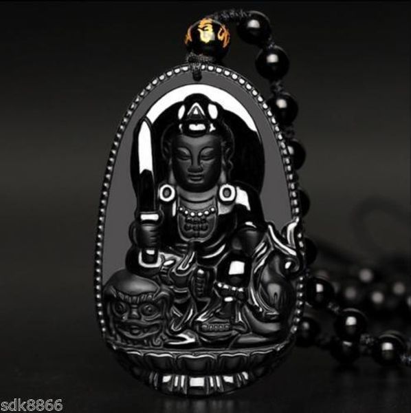 

china 100% natural black obsidian handcarved bodhisattva manjusri buddha pendant, Silver