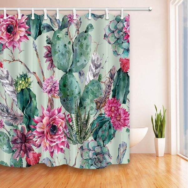 2019 Cactus Shower Curtain Bathroom Decor Green Plant Red Flower