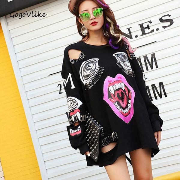 

wholesale- 2017 new punk rock hole sweatershirt women cutout black punk feminno loose red lip shirt vampire pin clothes casual lt0130