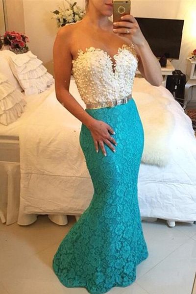 

белый и бирюзовый русалка пром платья 2016 милая с жемчугом старинные кружева театрализованное ну вечеринку носить длинные вечерние платья, Black
