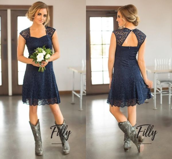 

Country Short Lace Bridesmaid Dresses Sheath Open Back Sweetheart Knee Length 2017 Navy Blue Wedding Guest Gowns Maid of Honor Party Dress