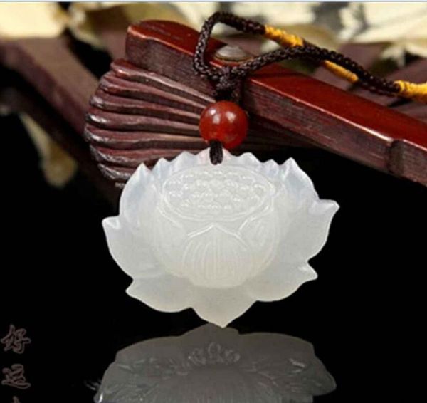 

100% natural hand-carved chinese hetian jade pendant lotus flower necklace, Silver