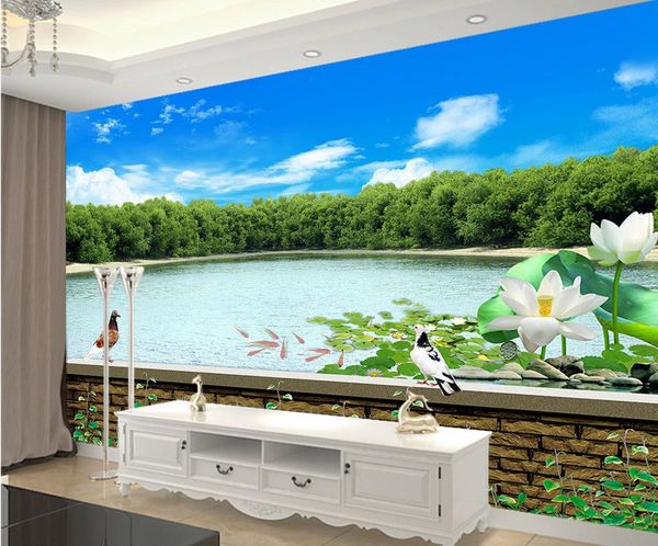 3D пейзаж вода в цветах и птицах с имитацией кирпичного узора 3d фрески обои для гостиной