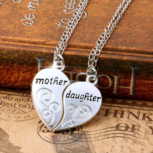 Wholesale-2PC Silver Plated Mother Daughter Necklace Silver Heart Love Mom Necklaces & Pendants For Women Jewelry Collier Femme P1303