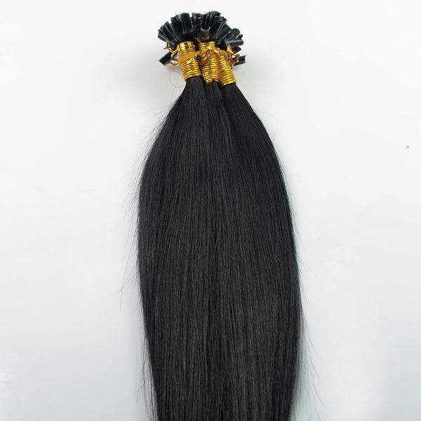 Capelli vergini brasiliani Estensione dei capelli con punta a u dritta # 1 Jet Black 100g 100s cheratina stick punta capelli umani