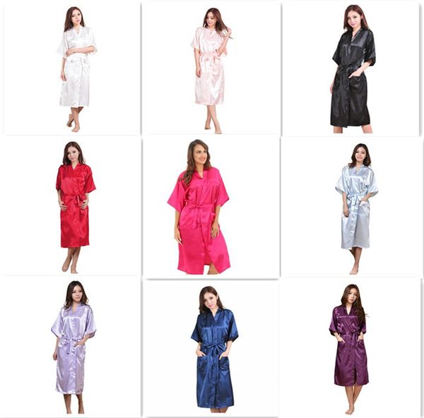 

9 colors fashion women's solid silk kimono robe for bridesmaids wedding party night gown pajamas m011, Black;red