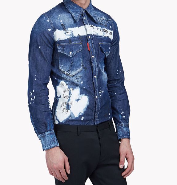 

men western patch denim shirt composed of distressed bleached denim dramatized grafitti scribbles and designs shirt, White;black