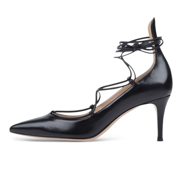 

zandina womens fashion handmade lace-up ankle strap pointed toe 65mm mid heel party prom evening pumps stiletto shoes, Black