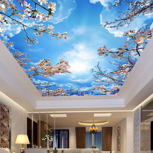 Custom Wall Mural Painting Blue Sky White Clouds Peach Blossom Ceiling Modern Designs 3d Living Room Bedroom Ceiling Wallpaper Images On Wallpaper