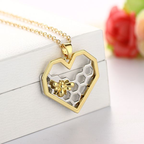 

wholesale- chic silver gold bee on the honeycomb necklaces & pendants hexagon comb hive necklace for women jewelry you are my honey 2016