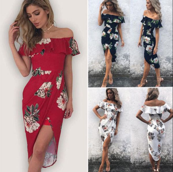 

Split Asymmetrical Irregular Off the Shoulder Floral Printed Slash Neck Bohemian Summer Boho Dress Cocktail Party Evening Dresses Clubwear