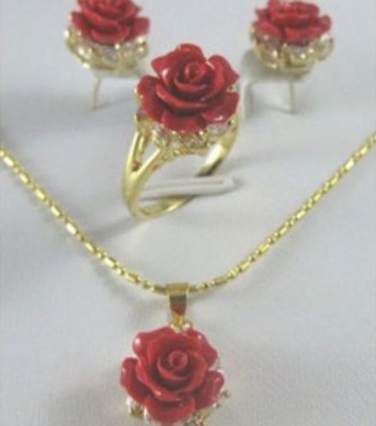 Bonito cristal rojo coral rosa flor colgante pendiente anillo conjunto de señora