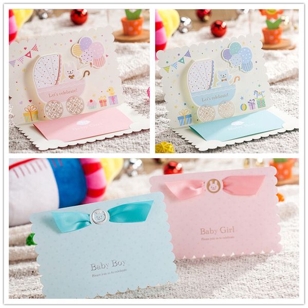 

wholesale-12pcs pink girl/ blue boy 3d carton invitation cards baby full moon birthday party children's day invitation card