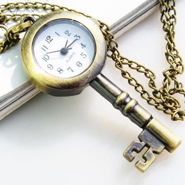 Wholesale-2015 Bronze Lovely Vintage Key Design Quartz Women necklace Gift Pocket Watch Free Shipping