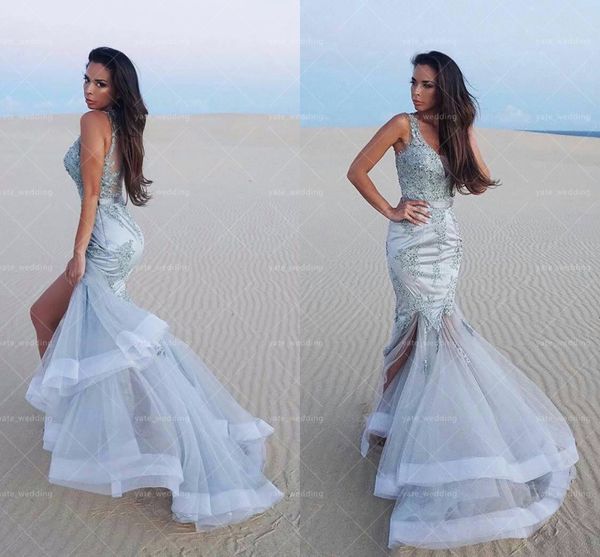 

silver gray mermaid evening dresses sheer straps appliques satin tulle illusion back split mermaid prom dresses evening gowns, Black;red