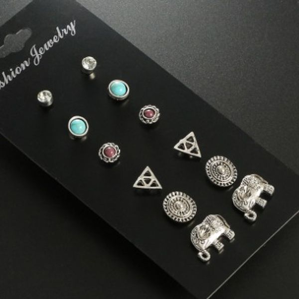 

chic stud earrings sets( 6 pairs each sets) elephant , triangle rhinestone , turquoise decorated ear stud earrings gifts for her, Golden;silver