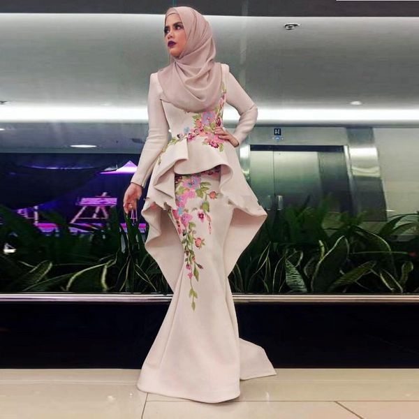 

muslim long sleeves evening dresses jewel peplum embroidery mermaid prom dress long satin zipper back women formal wear party gowns, Black;red