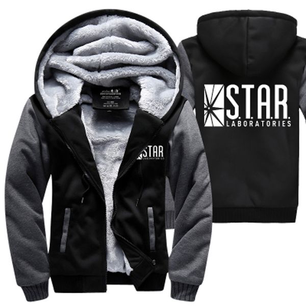 

wholesale- s.t.a.r. star labs hoodies warm fleece thicken men sweatshirts winter the flash jacket fashion coat m-4xl zippered hooded, Black