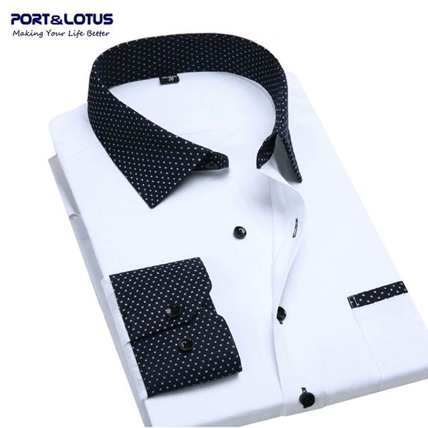 

wholesale- port& contrasted men dress shirts blocking 095 long sleeve wholesale turn down collar mens clothing camisa masculina, White;black