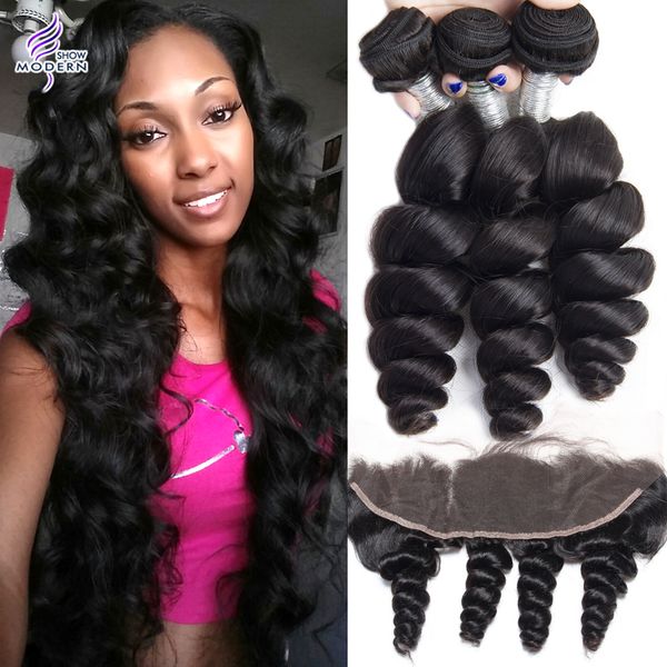 

ear to ear lace frontal with bundles indian loose wave 3 bundles frontal closure indian human hair bundles with closure indian virgin hair, Black;brown