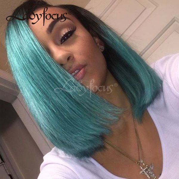 Lady Focus Green Full Lace Human Hair Wigs Bleached Knots Dark