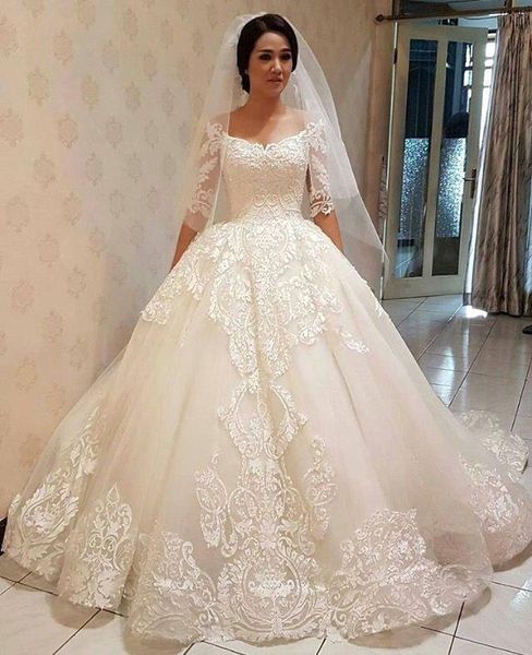 

elegant half long sleeves lace wedding dresses a line ball gown luxury sheer neck bridal gowns custom made wedding gowns, White