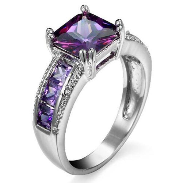 

luckyshine 10pcs unique christmas gift square amethyst z gemstone 925 sterling silver women men wedding rings cz rings, Golden;silver