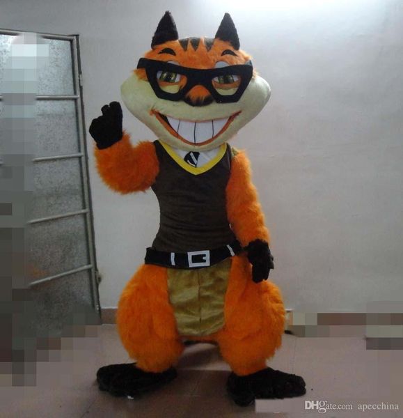 Immagine reale al 100% di alta qualità un costume mascotte scoiattolo nero con occhiali neri da indossare per adulti
