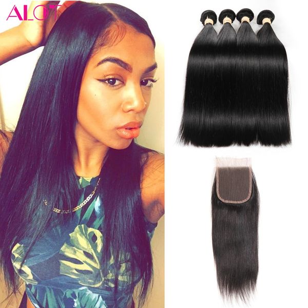 Peruvian Hair Bundles Straight Virgin Hair With Closure 4x4