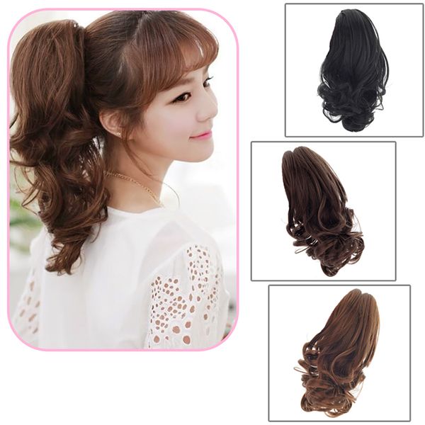 

claw pony tail ponytail clip in on hair extension curly style hairpiece, Black;brown