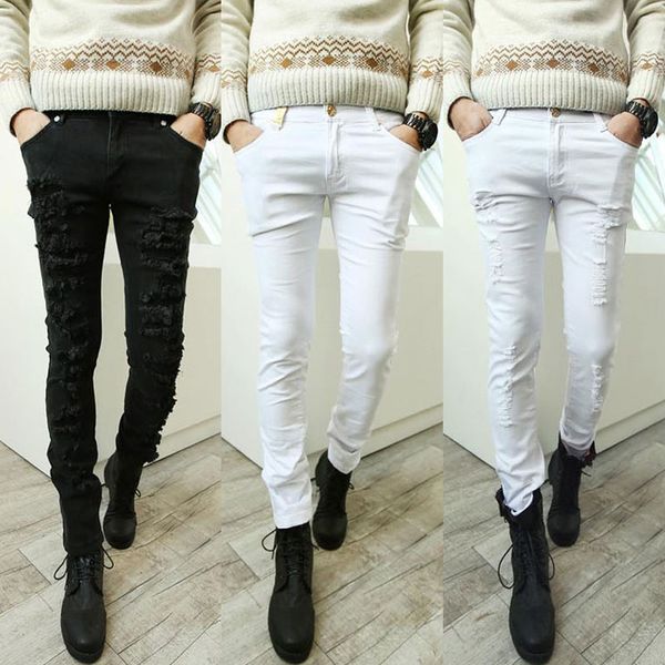 

wholesale- sell white ripped jeans men with holes super skinny famous designer brand slim fit destroyed torn jean pants for male ay991, Blue