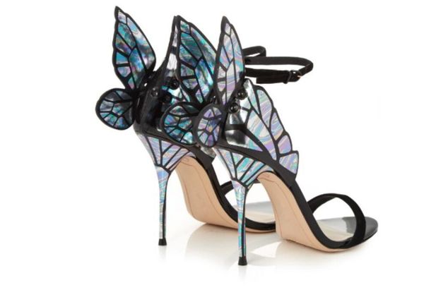 

new arrivals colorful wings thin high heel sandals women open toe pumps butterfly heels sandals wedding party catwalk shoes, Black
