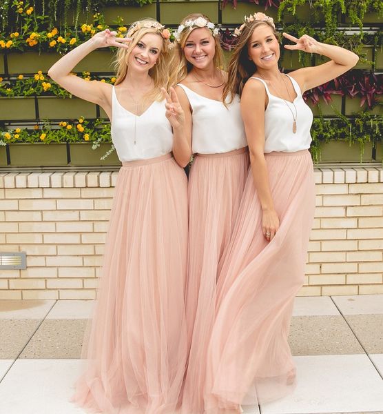 

stunning floor length bridesmaids dresses long tulle beach wedding guest dress pleated a-line country maid of honor gowns, White;pink