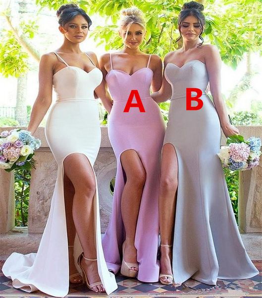 

2017 summer mermaid side split bridesmaid dresses open back spaghetti straps bride wedding reception long maid of honor gowns cheap, White;pink
