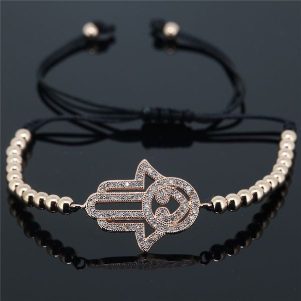 Wholesale- Anil Arjandas Bracelet,Mosaic CZ Crystal Sideway Hamsa Evil Eye & Round Ball Brass  Braiding Macrame Bracelet for Women