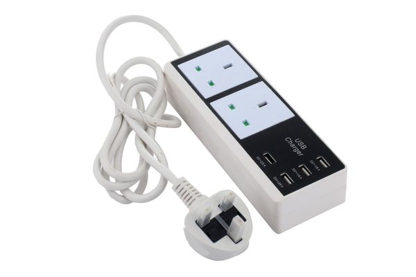 USB-Steckdose mit 2 Steckdosen und 4 USB-Anschlüssen, Reiseadapter, Schalter EU/US/UK, Powercube Steckdosenleisten-Adapter Enchufe